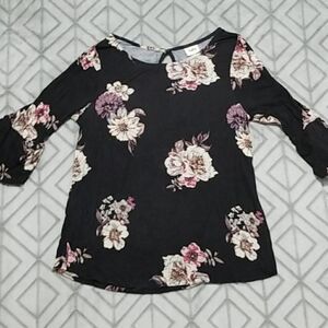 Daytrip Black & Pink Floral Keyhole Lace Dainty Chic Flounce Sleeve Blouse  